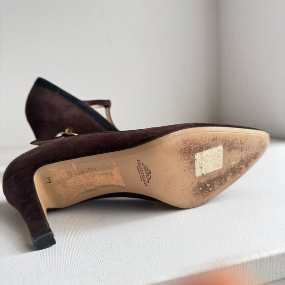 Vintage Bally Two Tone Brown Black T Strap Suede Heels 8C - Picture 6 of 9